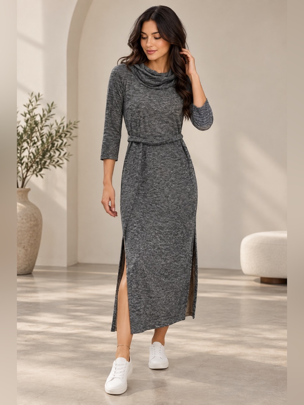 Forever 21 Gray Cowl Neck Ankle Length Maxi Dress Side Slits Size L